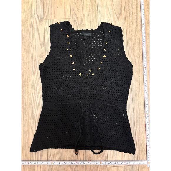 Y2K Beaded Black Crochet Tank – Express Medium Festival Fairycore Top - Picture 3 of 5